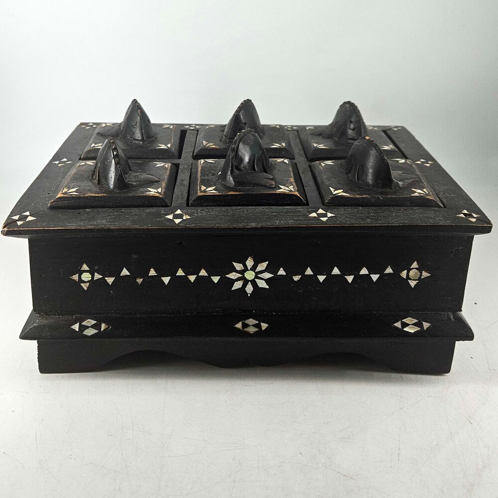Vintage  hand carved wood abalone inlay multi compartment tea box fish lid